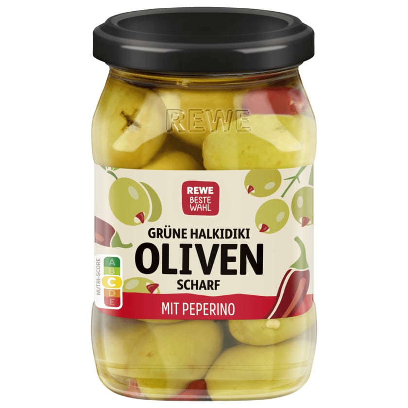 REWE Beste Wahl Grüne Oliven gefüllt mit Chili 150g